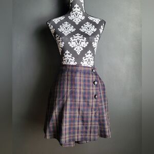 Vintage Checkered Plaid Skort Academia Faux Wrap Side Button Sz 14 Above Knee
